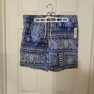 NWT Men's PacSun Blue and White Bandana Print Swim Shorts With Back Pocket